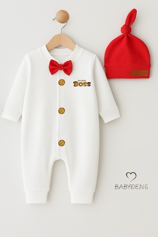 Babyden's Mini Boss Erkek Bebek Tulum Ve Şapka Seti Yenidoğan Papyonlu Bebek Tulumu %100 Pamuk Kırmızı