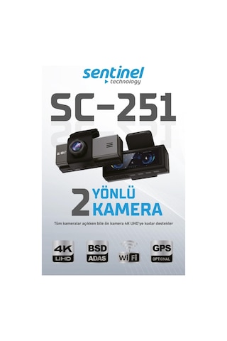 Sentinel Sc-251 Araç İçi Kamera 4k Uhd Wifi Çift Kameralı Dash Cam Arka Kamera Destekli