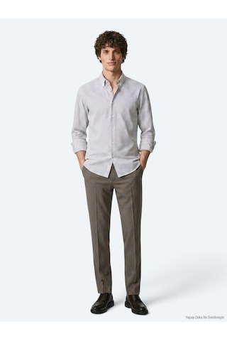 Kip Gri Çizgili Regular Fit Uzun Dokuma Casual Pamuk Karışımlı Gömlek gri grey