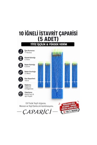 10 İğneli İstavrit Çaparisi 5 Adet 11 Numara İğne 0.25 Beden 0.15 Köstek 150 Gr Atarl Kapasitesi Köpüğe Sarılı Düğümlü El Bağlaması
