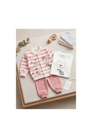 Deniva Kids Kız Bebek Ayıcık Baskılı Çizgili Ceketli 3'lü Takım Pudra Pembe