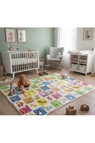 Katlanabilir Çift Taraflı Eğitici Çocuk Oyun Matı, Oyun Halısı Taşıma Çantalı - Ayı Açik Gri