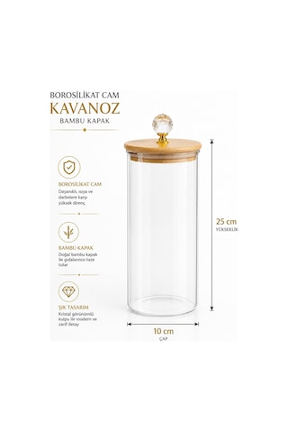 Morponi 3'lü Borosilikat Cam Bambu Kristal Şeffaf Kapaklı Kavanoz Seti 1900 Ml Alk