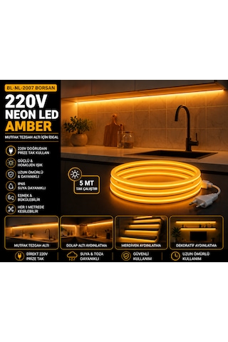 Amber 5 Metre Tak Çalıştır Yüksek Performanslı Borsan 220v Neon Led Amber Montaj Aparatı Dahil 5 Metre Amber