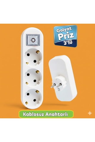 Beyaz 3'lü Grup Priz Golyat Anahtarlı Düğmeli Fiş Priz Topraklı Çoklu Çoğaltıcı Kablosuz Üçlü Piriz