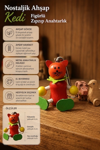 Nostaljik Ahşap Kedi Figürlü Zıpzıp Anahtarlık