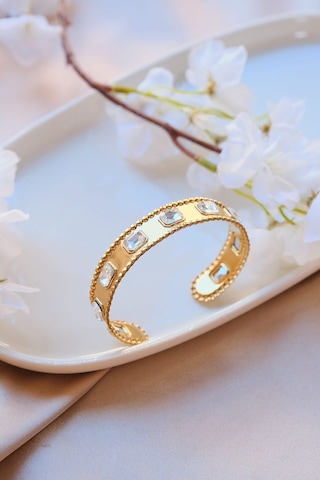 Gold Vintage Baget Zirkon Taşlı Çelik Kelepçe Bileklik Gold