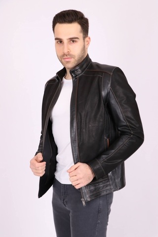 Erkek Siyah Hakiki Deri Hakim Yaka Biyeli Spor Mont