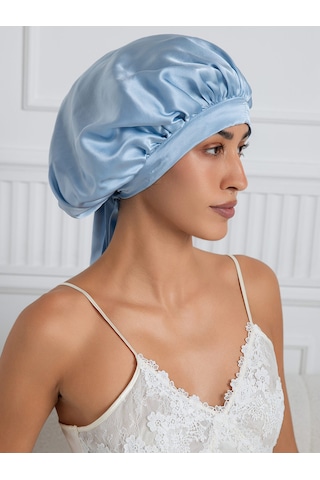 Silkwormlife %100 Saf Ipek, Uzun Bağcıklı Lüks Gece Bakim Bonesi Bebe Mavisi