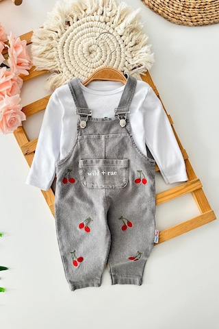 Miniğimin Cicileri Kiraz İşleme Detaylı Kız Bebe 2 Li Salopet... Gri
