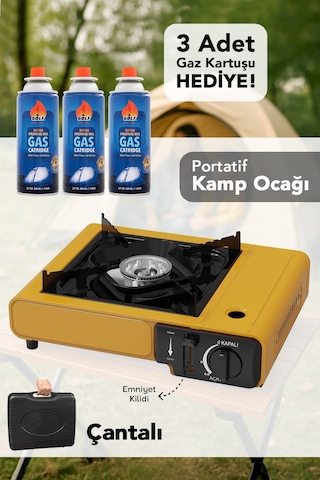 Portatif Kamp Ocağı - Taşıma Çantalı Gazlı Stop Emniyetli Sarı Kamp Ocağı Ve 3 Adet 227 Gr Kartuş Sarı