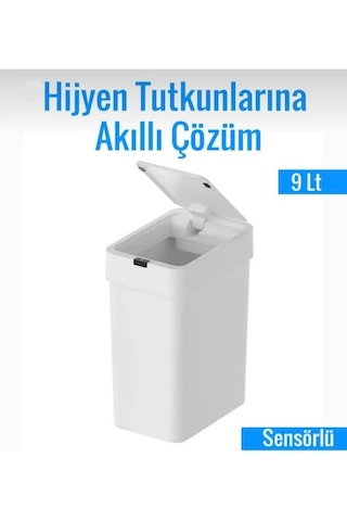 Sensörlü Çöp Kovası 9 Litre Beyaz Kızılötesi Sensörlü Otomatik Kapak Sessiz & Antibakteriyel Beyaz