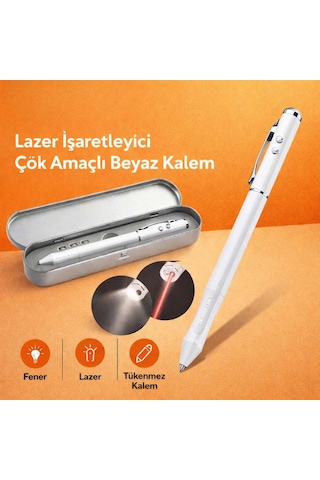 Metal Kutulu Kırmızı Lazerli, Beyaz Led Işıklı Pointer İşaretçi Kalemi Metal Tükenmez Kalem