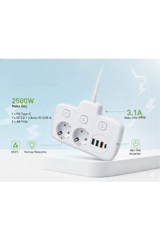 Plentiful 2500w Güçlü Akım Korumalı 3 Usb + Type-c Portlu Çoklu Priz Hızlı Şarj, Çocuk Kilidi, 850 C Yanmaz Malzeme 2