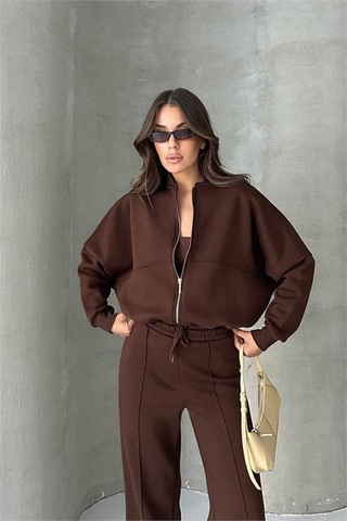 Neşeli Butik Kadın Şardonlu Üç İplik Eşofman Takımı Gts018 Kahverengi