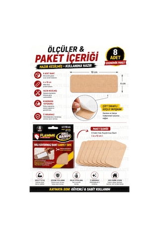 Halı Kaydırmaz Bant 8 Adet 4x10 Cm Çift Taraflı Güçlü Yapışkan Hazır Kesilmiş İz Bırakmayan Halı Sab