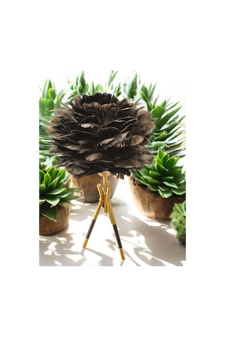 Tüylü Dekoratif Tripotlu 3'lü Ayaklı Abajur - Siyah Siyah