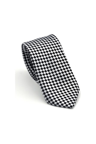 Gaffy Siyah Piti Kare Desenli Beyaz Dokuma Kumaş Mendilli Slim Fit Kravat // Sdk-2503-4 Beyaz