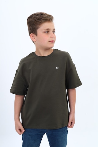 Toontoy Kids Toontoy Erkek Çocuk Pamuklu Bisiklet Yaka Kısa Kollu Düşük Omuz Baskılı Basic Tişört 22978 Haki