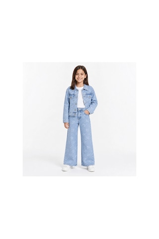 Rony Pony Kids Kız Çocuk Lazer Kedi Baskılı Kot Ceket Pantolon Takımı Geniş Paça 2 Li Denim Set Mavi