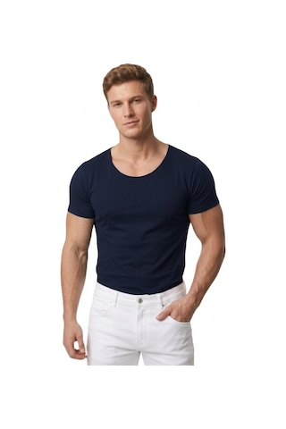 Deepsea Erkek Lacivert Geniş Yaka Likralı Tişört Oval Yaka Slim Fit Eteği Oval Açık Yaka T-shirt 1801199 Lacivert