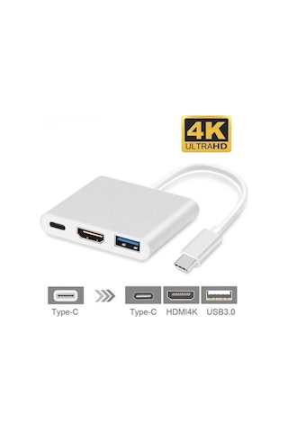 Ally 4K Type C Hdmi Görüntü Aktarıcı 3 In1 Şarj Usb Çıkışlı Kabl (293074694)-Gümüş