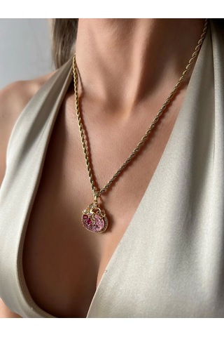 Pembe Taşlı Bombeli Çelik Kolye Çok Renkli