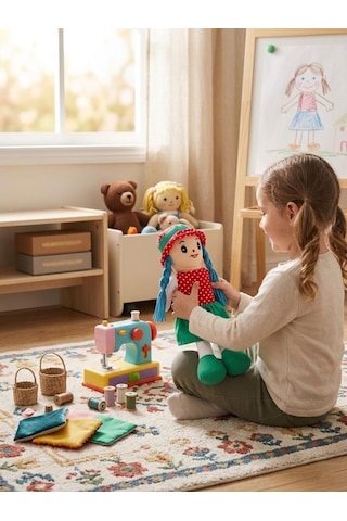 Fatma Bebek 48cm Büyük Puantiye Desenli Elbiseli Ve Şapkalı El Yapımı Oyuncak Bez Bebek Yeşil