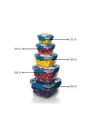 5'li Set Master Kare Saklama Kabı 275 ML - 500 ML - 900 ML - 1500 ML - 2400 ML 001