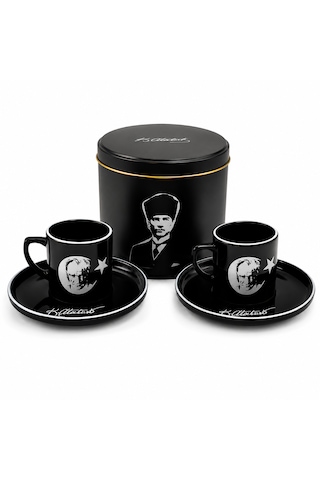 Atatürk İmzalı 2 Li Türk Kahvesi Fincan Takımı Özel Kutulu Siyah Premium Kahve Seti Hediyelik