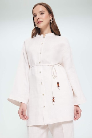 Defacto %100 Keten Regular Fit Bağcıklı Uzun Kollu Gömlek Tunik D4394ax25smer42 Ekru