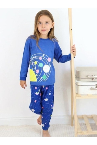 Kız Çocuk Pamuklu Gezegen Baskılı Pijama-15272 Lacivert