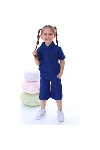 Kız Çocuk Desenli Gömlekli Takım-6370-Mavi