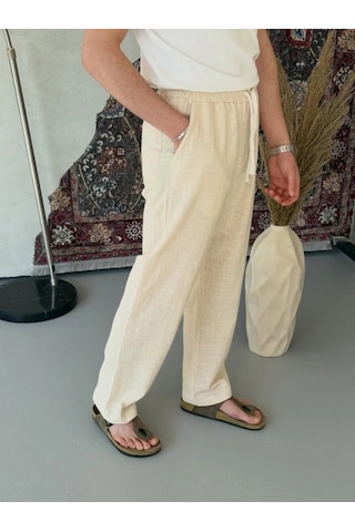 Defymoda Erkek İthal Yıkamalı Keten Pantolon Bej