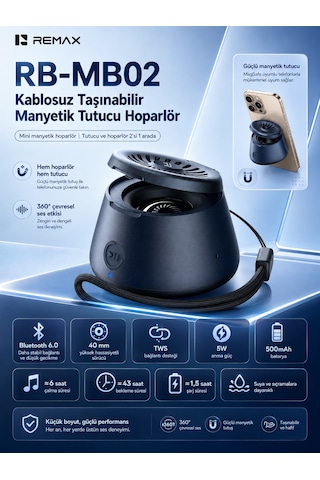 Remax Magsafe Magnetik 2'si 1 Aradatelefon Tutucu Şarjlı Mini Bluetooth Hoparlör 5w Rb-mb02 Lacivert