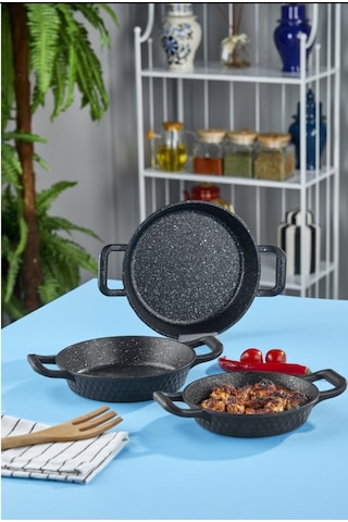 Leony 6 Parça Cam Kapaklı Sahan Tava Seti 18 CM-20 CM-22 CM Siyah Döküm