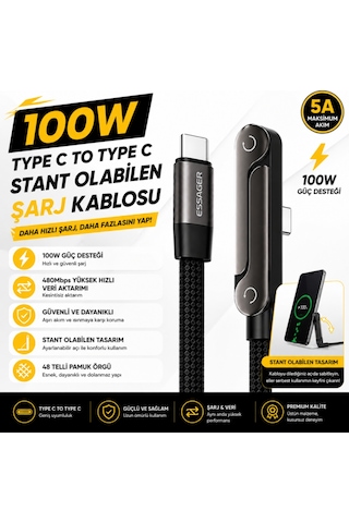 Essager 100w Pd Type-c To Type-c Telefon Standlı Hızlı Şarj Ve Data Kablosu 5a E-marker Örgülü 1metre Desen - Ben10