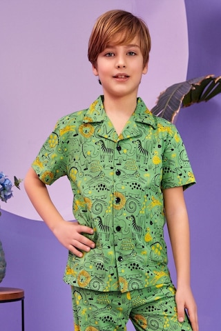 Bunny Hopp Dinozor Desenli Yazlık Erkek Çocuk Pijama Takımı - Düğmeli Gömlek Yakalı %100 Pamuklu Takım Yeşil