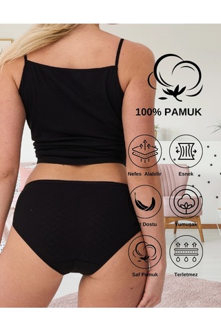 Alya Underwear %100 Pamuklu Kadın Külot Normal Bel Yükseklikli Jakarlı Kalp Desenli Kumaş Slip Siyah