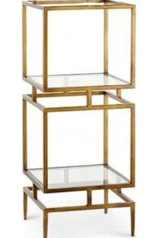 Olope Pirinç Eskitme Metal 2 Raflı Kitaplık Çiçeklik Gümüşlük Duvar Rafı