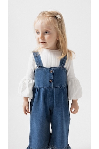 Babymod Püsküllü Palazzo Kız Bebek Çocuk Jean Salopet Tulum Lüks %100 Pamuk Likralı Ribana Balon Bluz Denim Kot Takım Lacivert