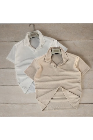 Fifty Color Alaçatı Stili Erkek Fitilli Ottoman Hava Alan Kumaş Polo Yaka T-shirt 2li Renk Bej - Ekru