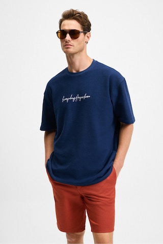 Grımelange OURFLOW Erkek Nakış Detaylı %100 Organik Pamuk Bisiklet Yaka Kısa Kollu Oversize Lacivert T-Shirt