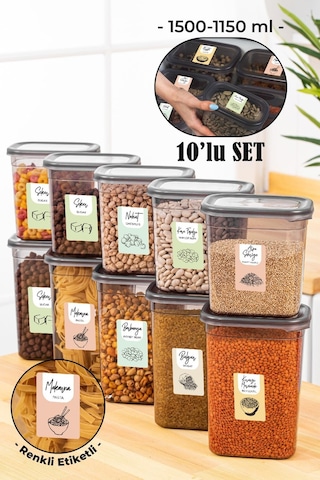 Vienev Peggy Renkli Etiketli Dikdörtgen Saklama Kabı Seti Antrasit 5x 1500 +1150 ML 10'lu Çok Renkli