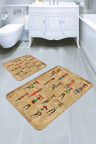 Bej Etnik Desenli Banyo Halısı Klozet 2'li Paspas Seti Bs307n11