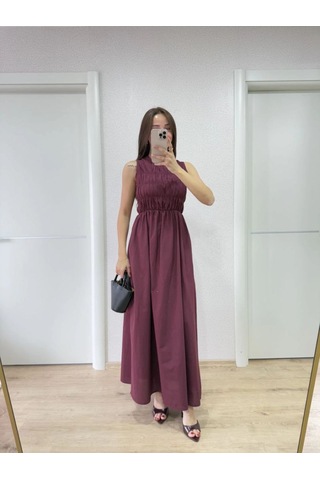 Mbb E-ticaret Kadın Kolsuz Göğüs Lastıklı %100 Poplin Uzun Elbise - Bordo