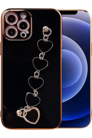 Hepsi Ally iPhone Uyumlu 12 Pro 6.1inç Kılıf Kalp Bileklik Tutuculu Lüx Silikon Askılı Kılıf- 5775 Najmaddin Mor
