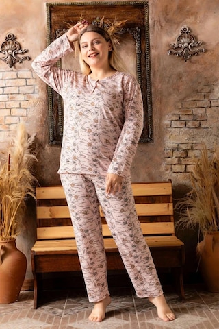 Sude Kadın Bambu Büyük Beden Uzun Kol Düğme Yaka İnce Pijama Takımı 4425 - 1 Adet 001