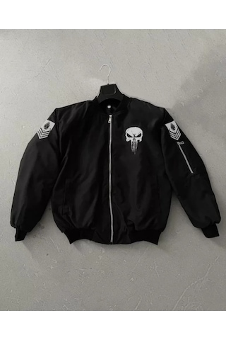 Etiler Collection Unisex Uzun Kol Kuru Kafa Baskılı Bomber Ceket - Siyah