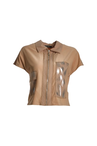 Ysatis Minimalist Günlük Crop Yelek - Kısa Kol Fermuarlı Bej